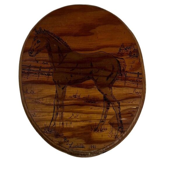 Vintage Handmade Wood Burned Horse Wall Equestrian Gift 1991 Hand Crafted Signed - Picture 1 of 4